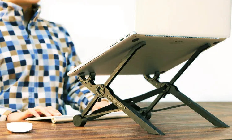 Black folding portable laptop stand made from reinforced nylon, shown in open and closed positions.