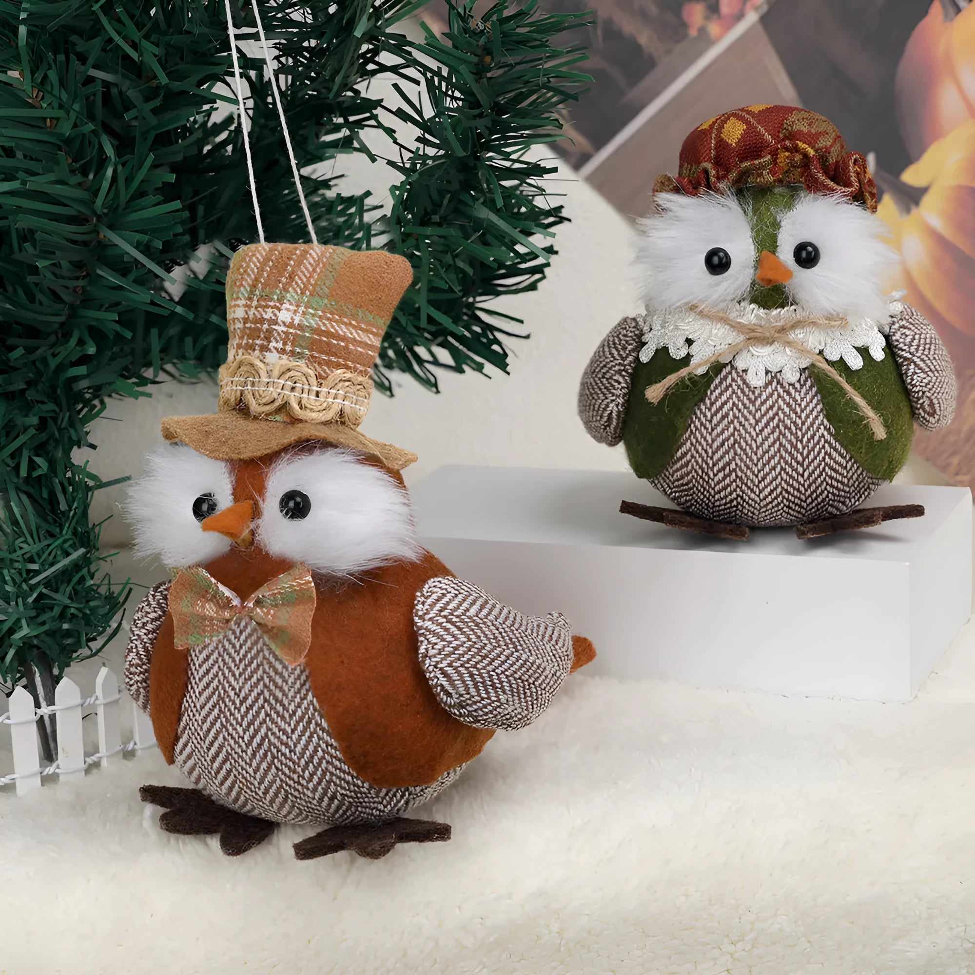 Colourful harvest bird owl pendant ornament for Thanksgiving decor in orange or green