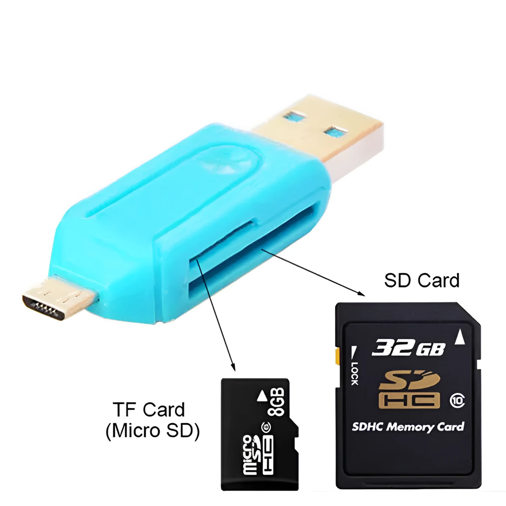 White OTG card reader showing both USB and micro USB connectors for phones and computers.