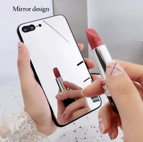 Black iPhone mirror phone case showing reflective back surface, compatible with multiple iPhone models.
