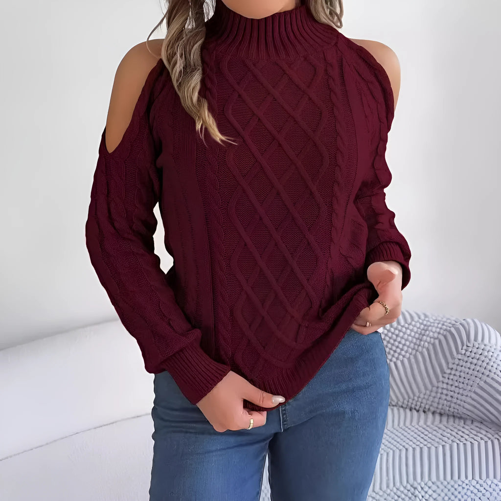 Women's strapless acrylic sweater with twist detail, half-high collar, and long lantern sleeves