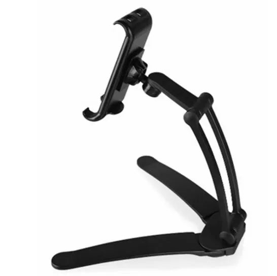 Silver aluminum alloy desktop stand holding a tablet at an angle, showing its adjustable clip and 360-degree rotation base.