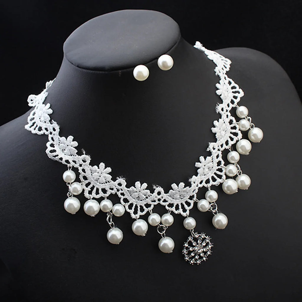 Three-piece white pearl jewellery set with necklace, earrings, and bracelet on display