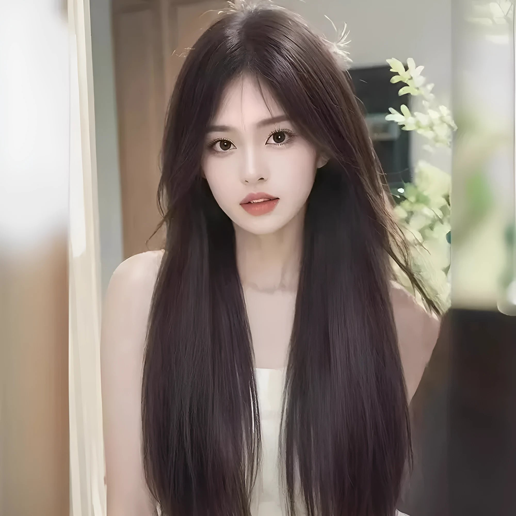 Black long straight full-head synthetic wig with lace front and side bangs.