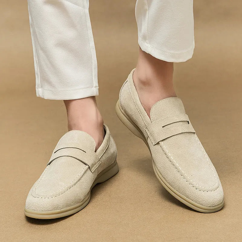 Men's beige slip-on leather casual shoes with round toe and rubber sole