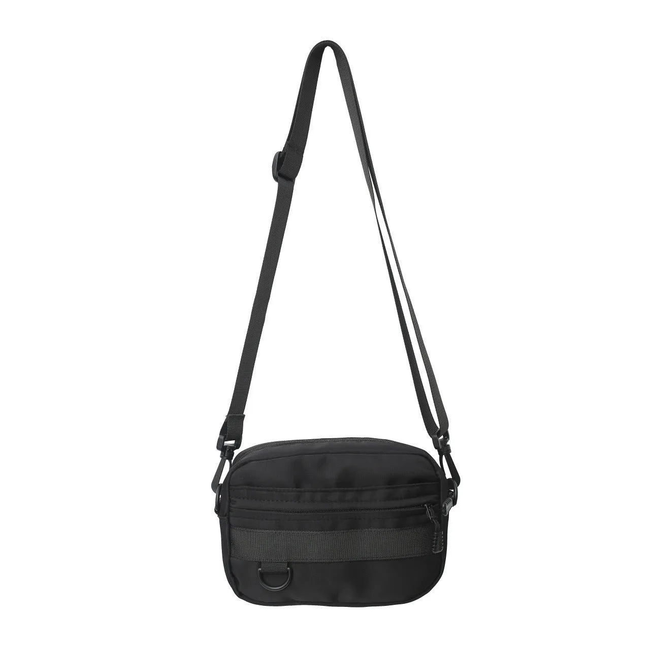 Men's street style nylon messenger bag in black with crossbody strap and sewing thread detailing