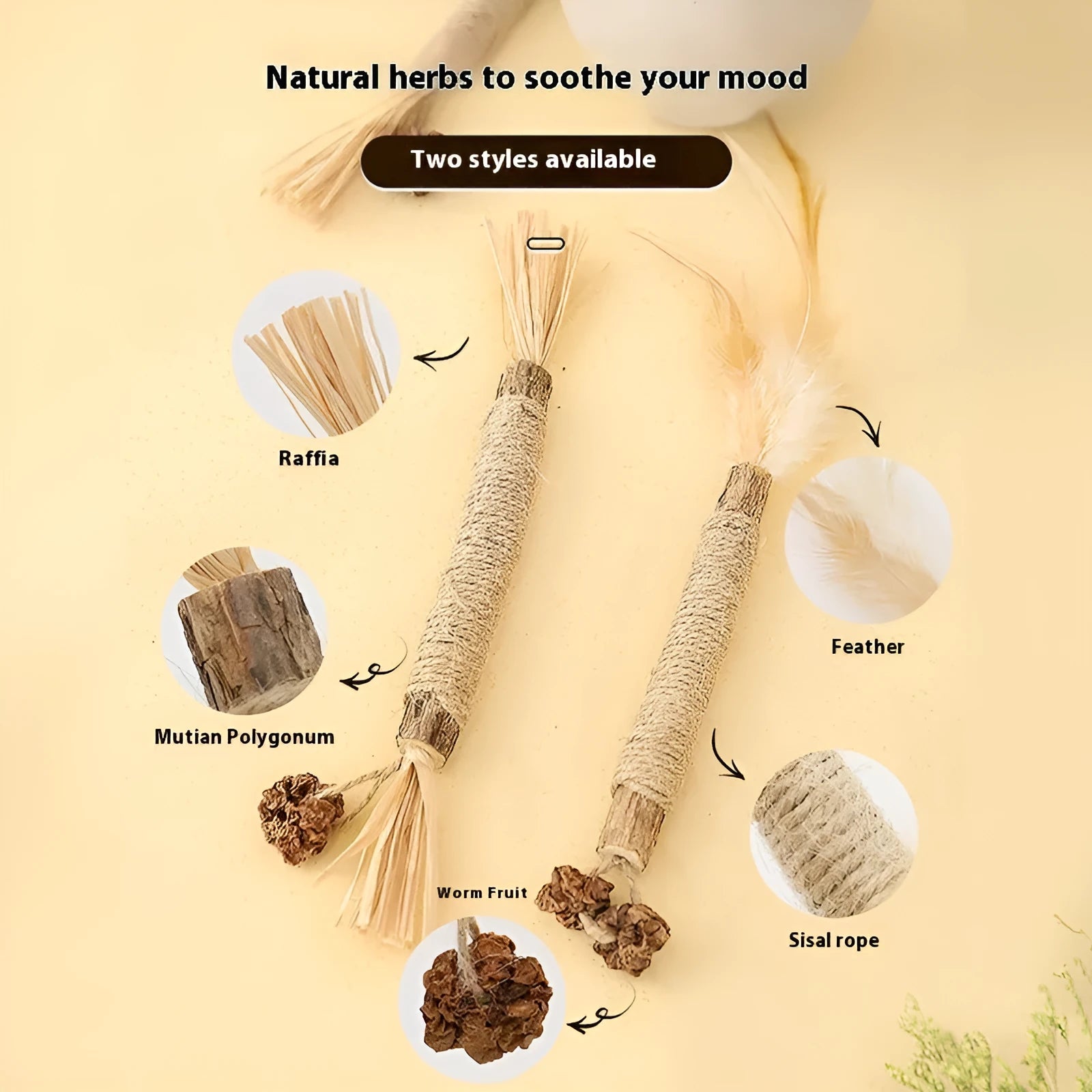 Large Polygonum Mu wood cat teeth grinding chew toy, 22mm diameter, shown in catnip lafite grass style