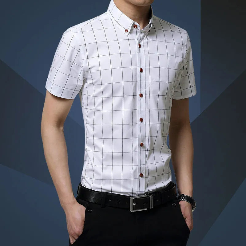 Men's casual short sleeve plaid shirt in red, slim fit cardigan style, cotton polyester blend