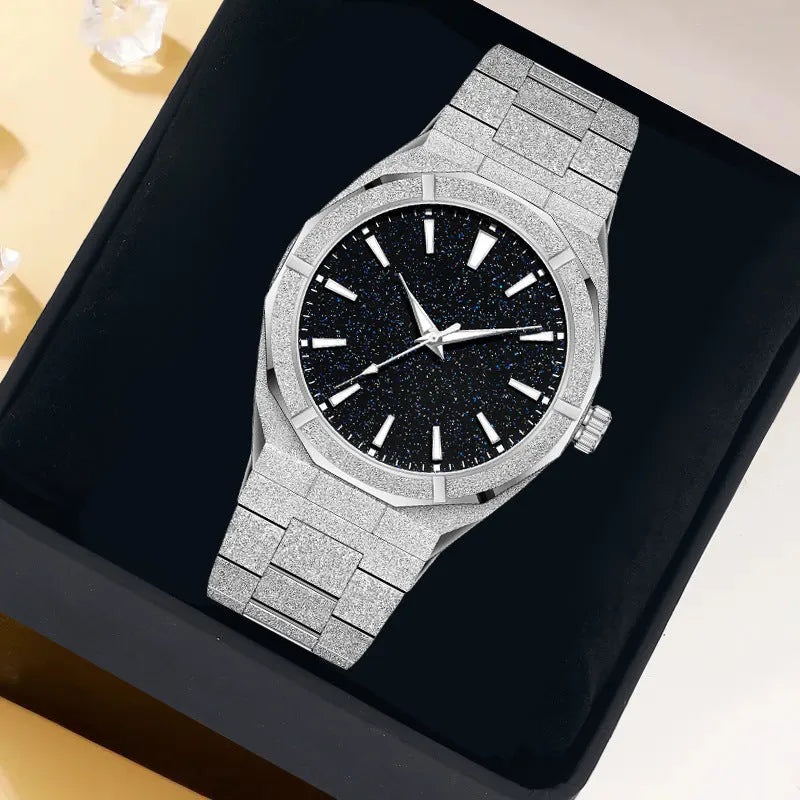 Men's stainless steel business watch with frosted finish and luminous hands in silver colour