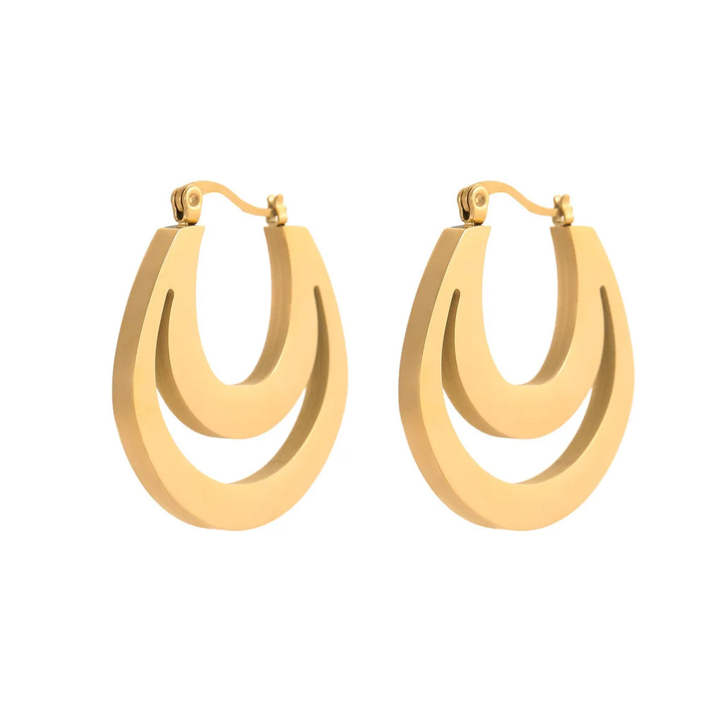 Geometric French earrings with round ring design in gold or steel metallic colours