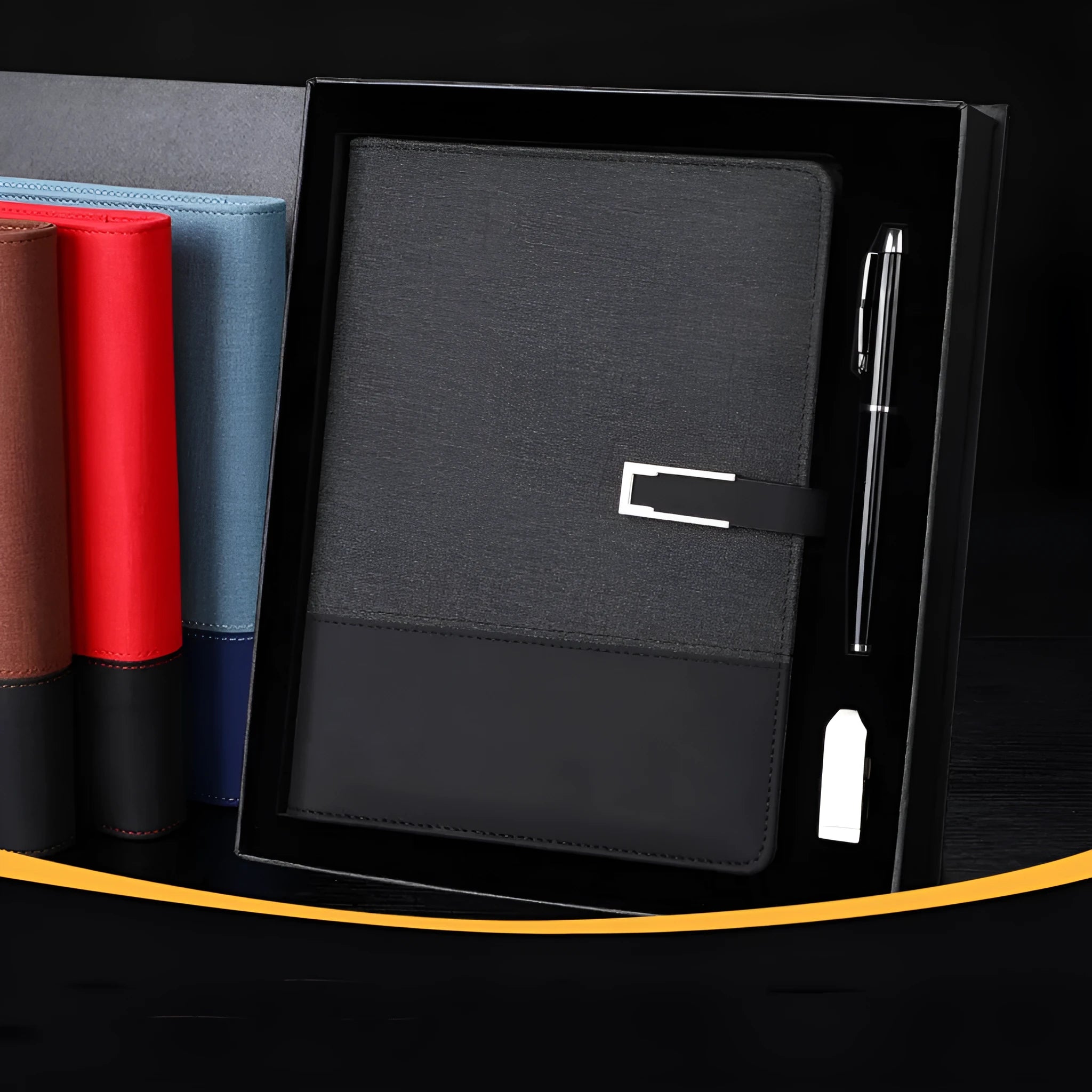 A5 leather notebook in choice of colours with gift box, open to show wood-free paper.