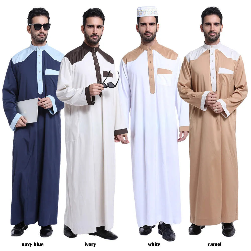 Men's white embroidered polyester blend Arab thobe robe with long sleeves