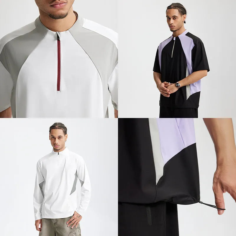 Men's lightweight polyester top with stitching detail in solid colour, showing both long sleeve and short sleeve options