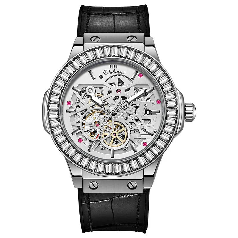 Automatic mechanical men's watch with hollow movement, diamond studding, and white shell case