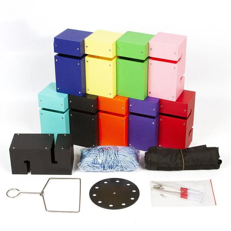 ABS plastic tower building game equipment with coloured blocks, pull ropes, and hook frames for team activities