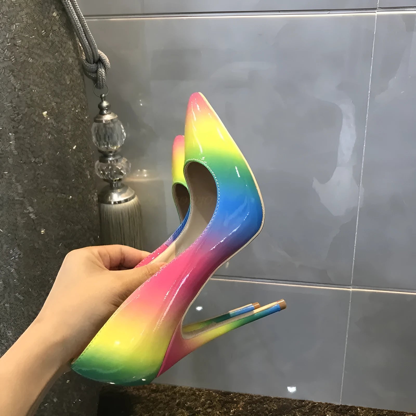 Rainbow colour patent leather women's pointed toe high heels with thin stiletto heel