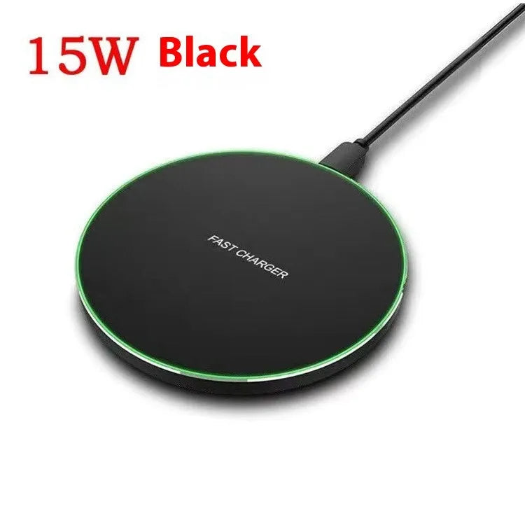 Black frosted 15W wireless charger pad with USB Type-C cable for mobile phone fast charging