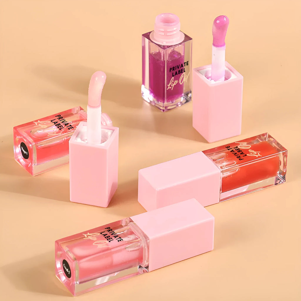 Women's transparent lip gloss in six fruity shades showing Coral and Watermelon colours, 6ML size