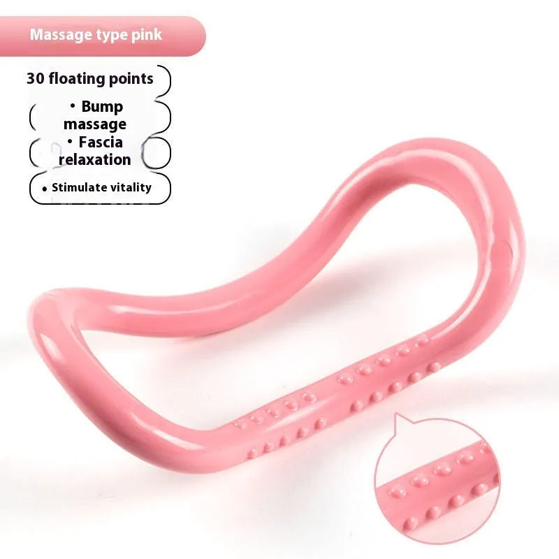 Yoga four piece fitness set showing leg beauty device, yoga ring, pedal tension device and eight character tension rope