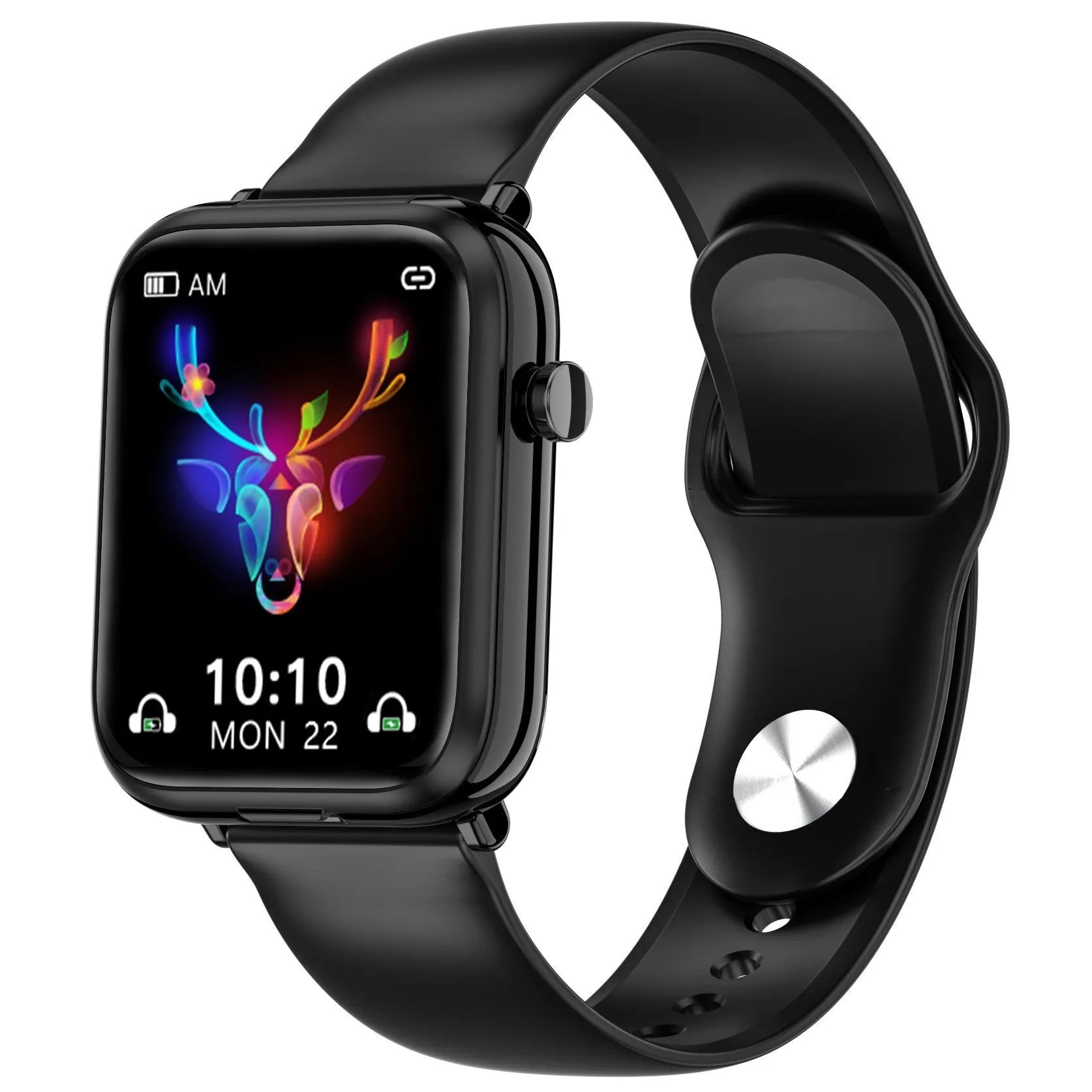 Black smart watch with integrated Bluetooth earbuds showing 1.69 inch touch screen display