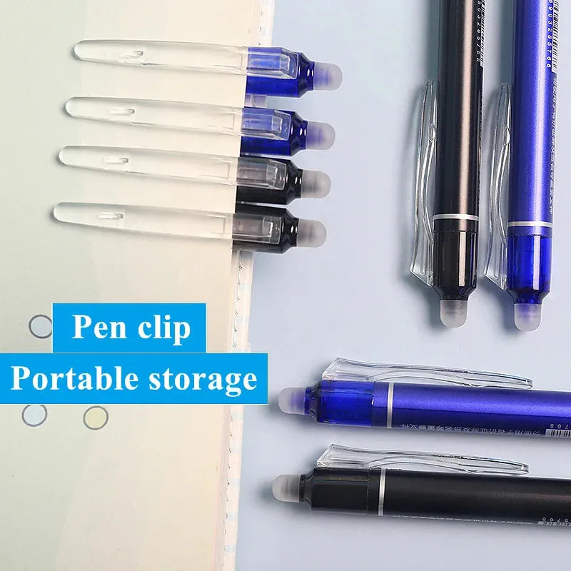 Blue and black erasable push gel pen with 0.5mm stainless steel nib for school use