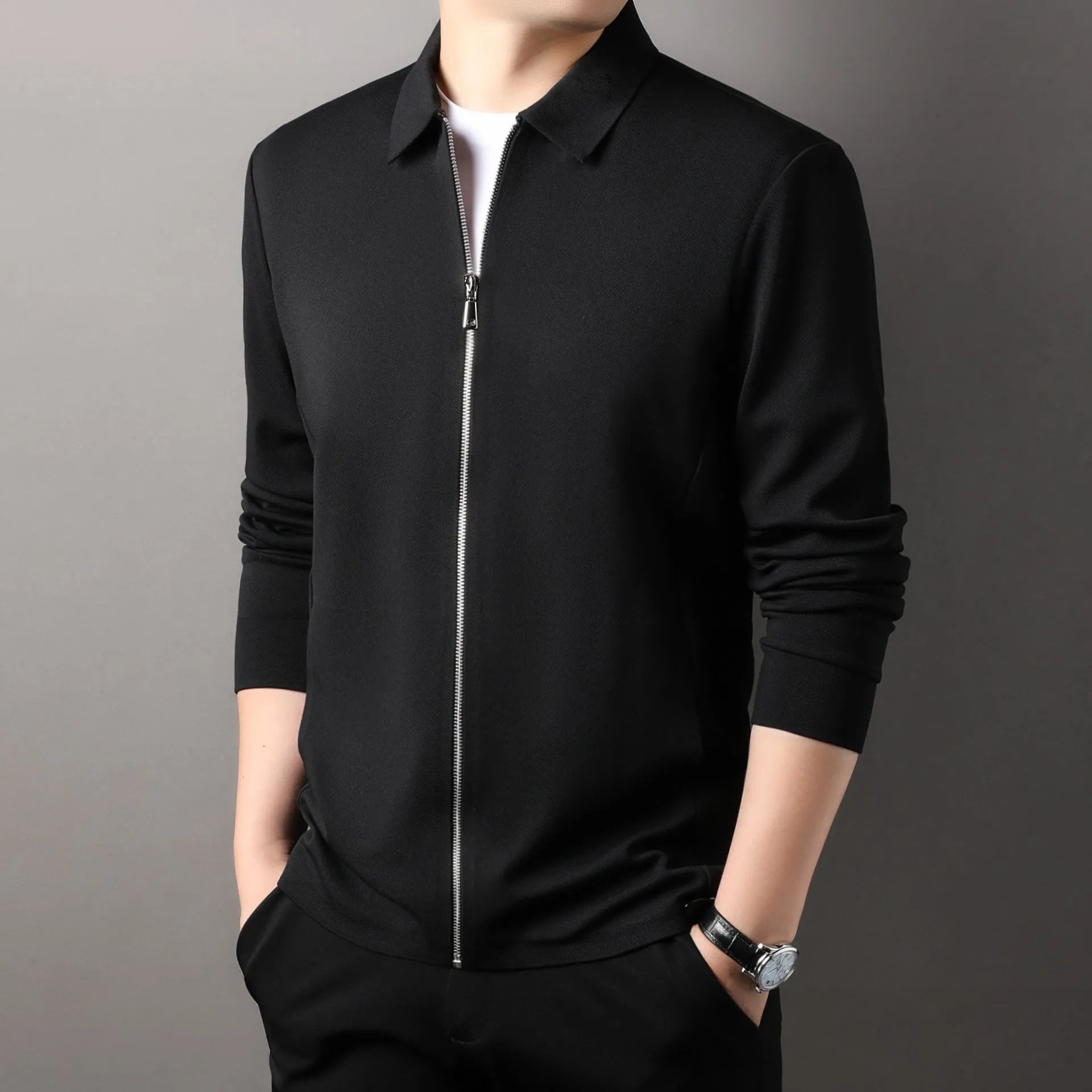 Men's polyester business casual jacket in black, dark gray, or apricot with straight hem