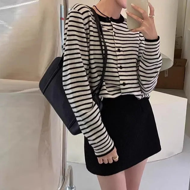 Women's dark grey and white striped French style cardigan coat with slim fit and short length