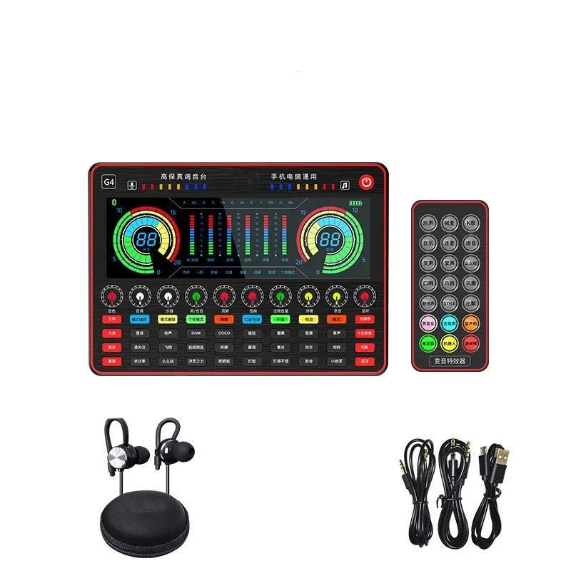 G4 professional sound card mixer with LCD screen, microphone, and remote control for live streaming.