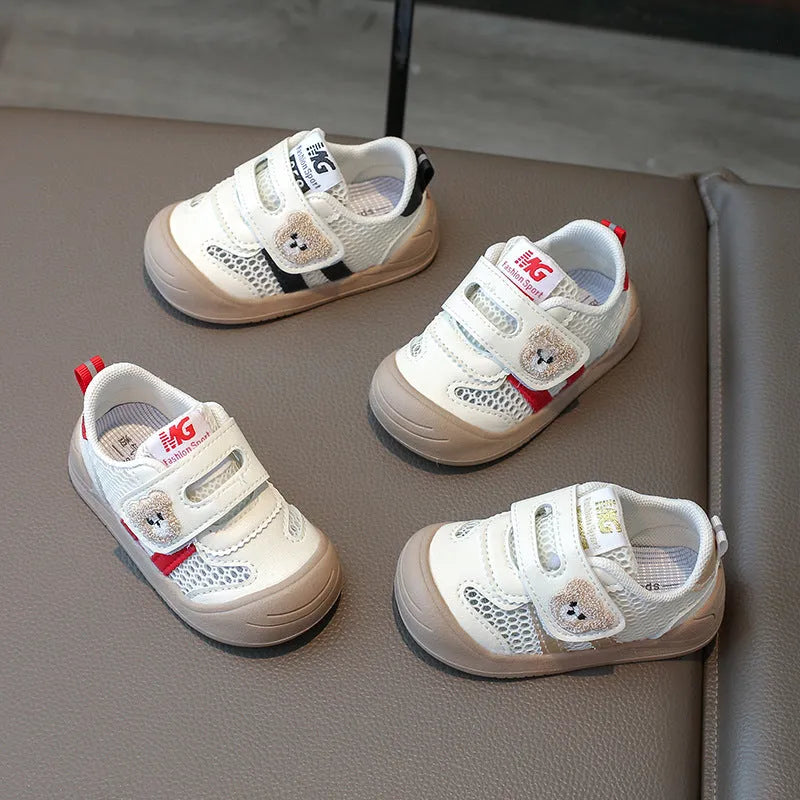 Children's breathable mesh shoes with animal pattern and Velcro fastening, available in black