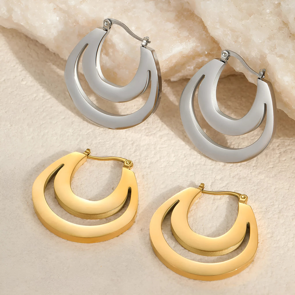 Geometric French earrings with round ring design in gold or steel metallic colours