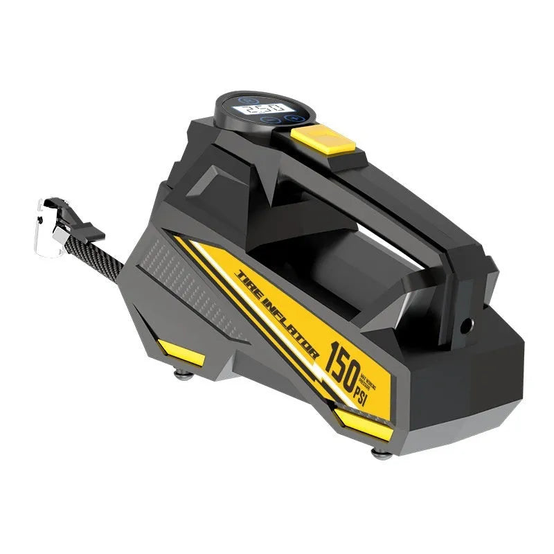 Black vehicle-mounted electric tyre inflator with digital display and 12V power cable