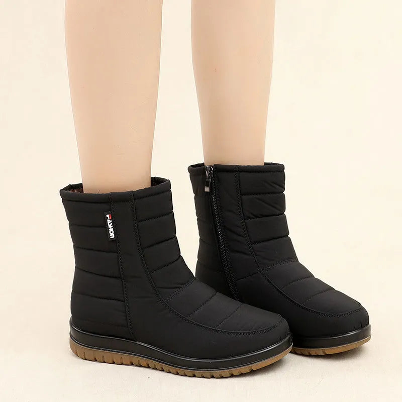Warm waterproof anti-slip snow boots in black with side zipper, round toe, and rubber sole