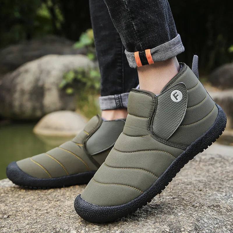 Men's waterproof cotton snow boots with non-slip soles and plush lining in black, blue, green, yellow.