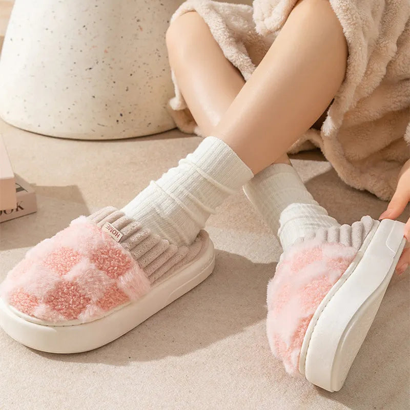 Women's plaid pattern plush slippers with a non-slip PVC sole, shown in a choice of colours.
