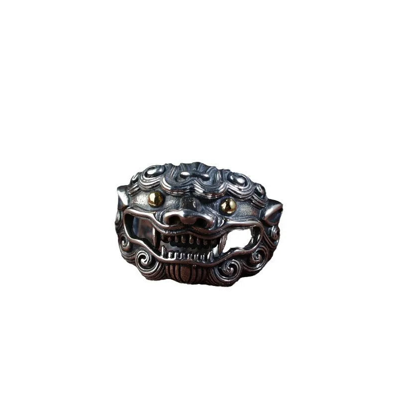 Silver open style ring with Jibeast animal zodiac pattern and diamond detailing