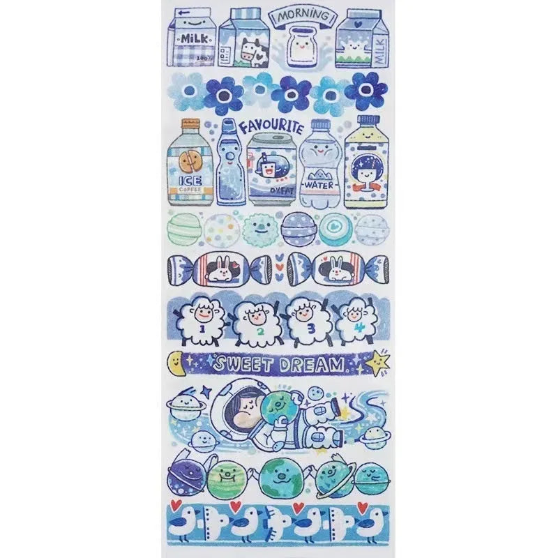 Sheet of cute cartoon character adhesive stickers printed on Japanese paper for medical packaging.