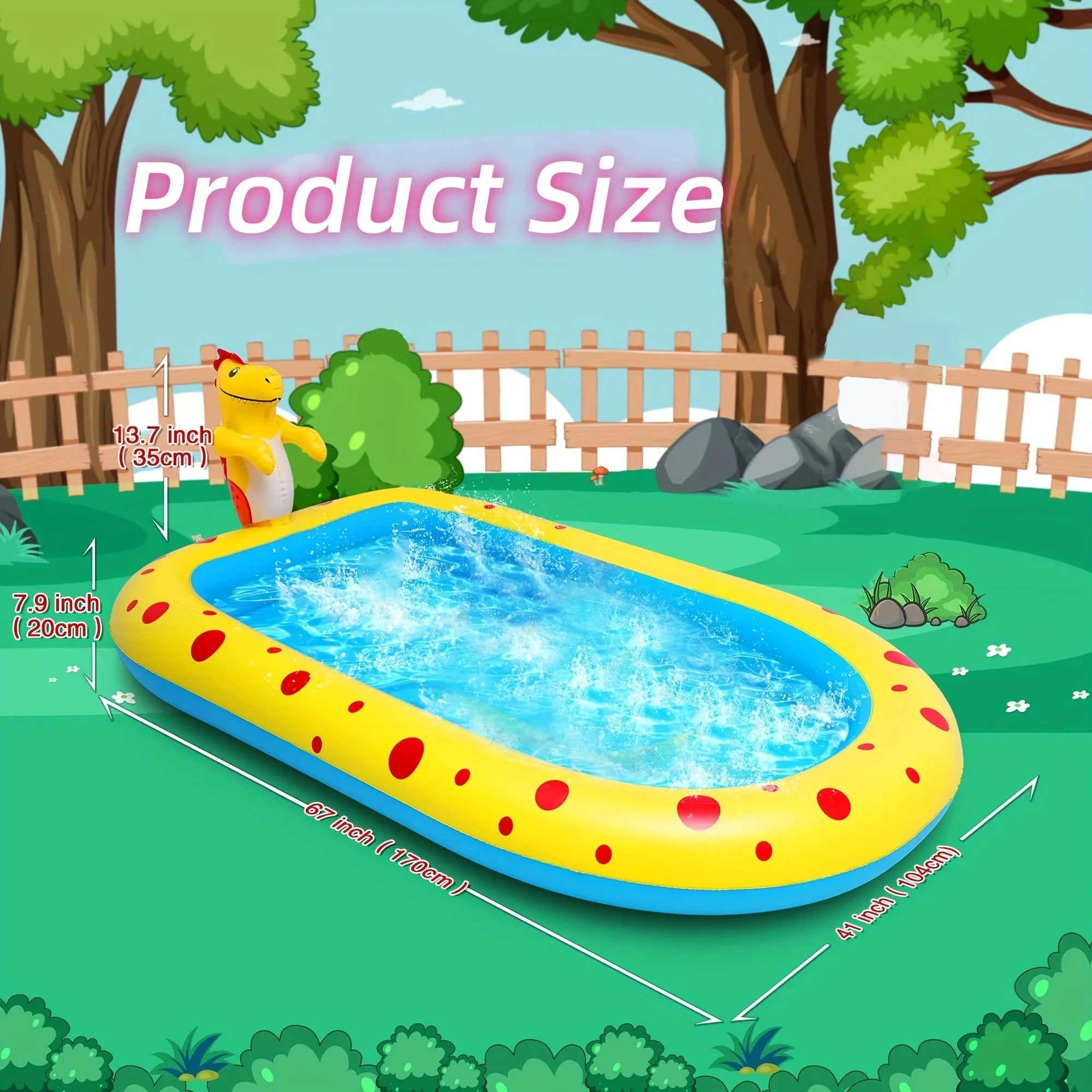 Blue dinosaur water spray pool for kids outdoor play measuring 170cm