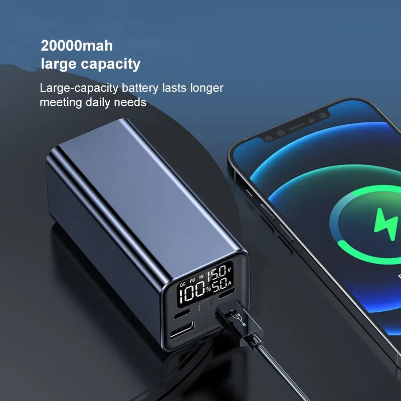 65W laptop power bank with metal casing in black, blue, or grey colours showing compact dimensions