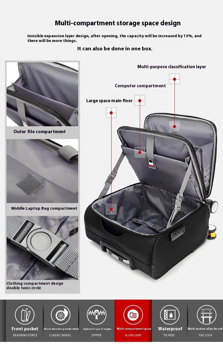 Black 18-inch Oxford cloth carry-on suitcase with a retractable handle and universal wheels.