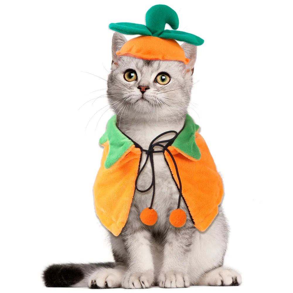 Plush double-sided pet Halloween cloak for dogs and cats in pumpkin-themed colours