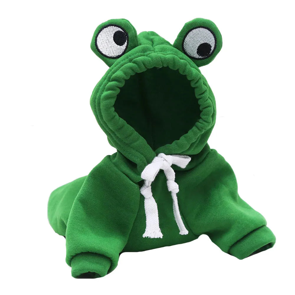 Green frog pattern hoodie for a small dog, showing hood with pointed ears and front pocket.