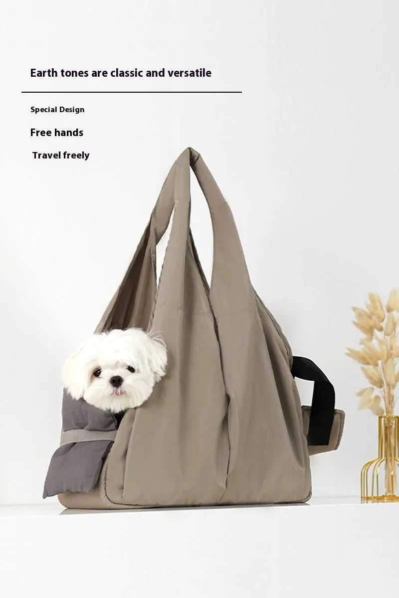 Apricot cloth pet carrier handbag for small dogs and cats showing medium size dimensions