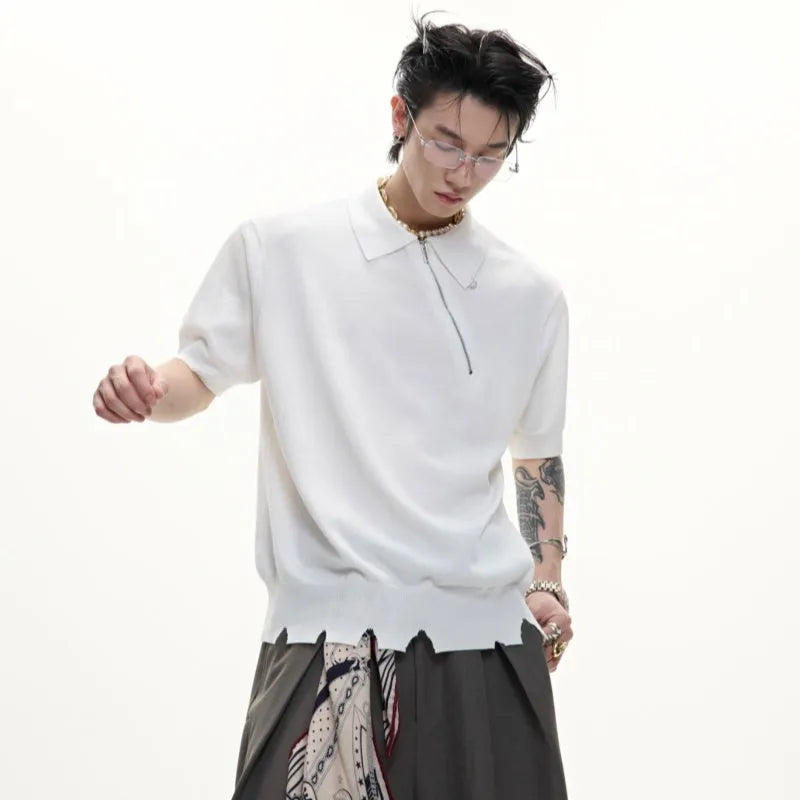 Men's slim fit knitted polo shirt with oblique zipper detail in ice-feeling polyester fabric