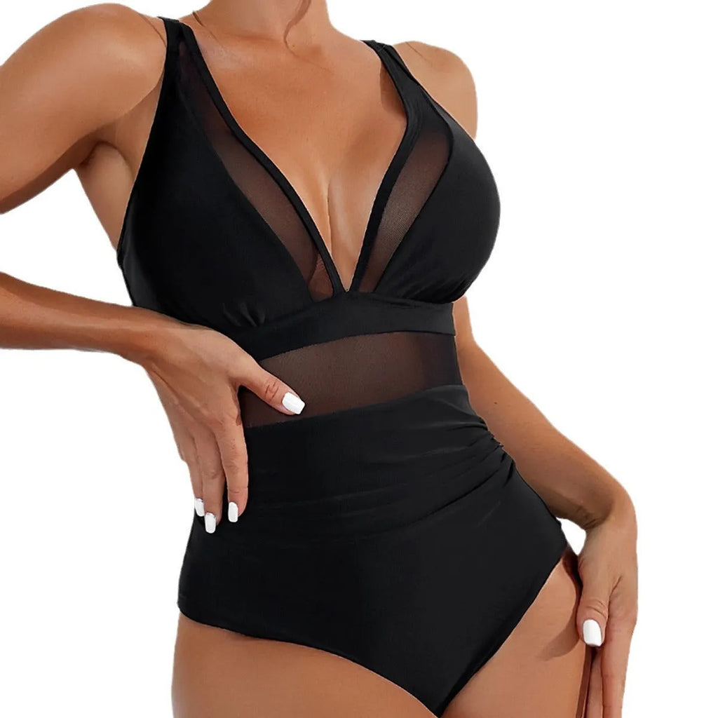 Black halter neck one-piece swimsuit for women, briefs style, made from nylon fabric.
