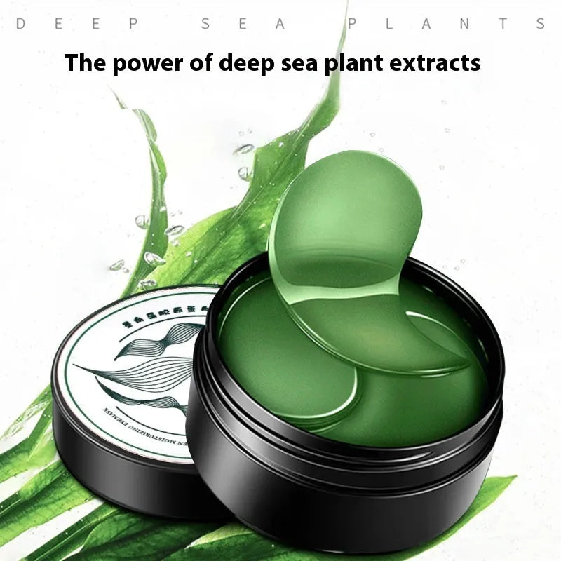 Pack of 60 green seaweed collagen essence eye mask tablets on a sheet.