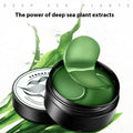 Pack of 60 green seaweed collagen essence eye mask tablets on a sheet.