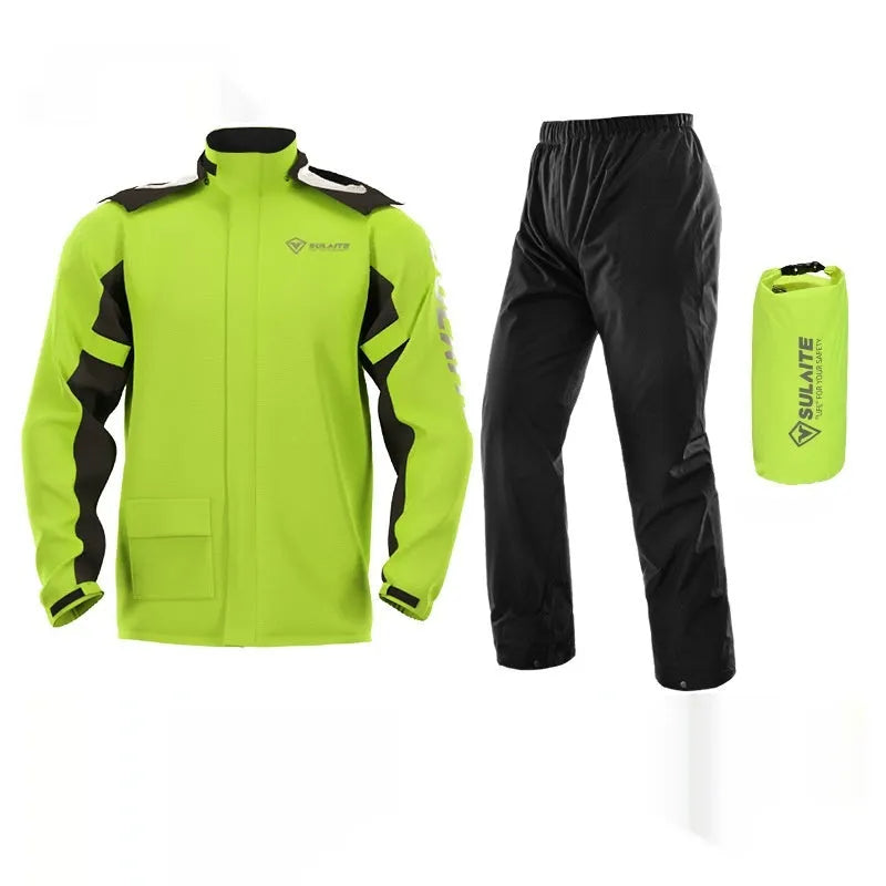 Adult motorcycle rain suit set with split raincoat, trousers, hidden shoe covers and storage bag