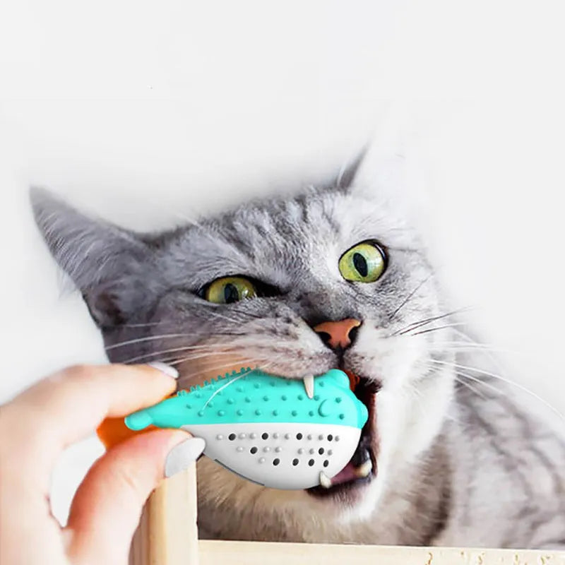 Mint Toys colourful silicone fish-shaped cat chew toy with integrated toothbrush on a white background.