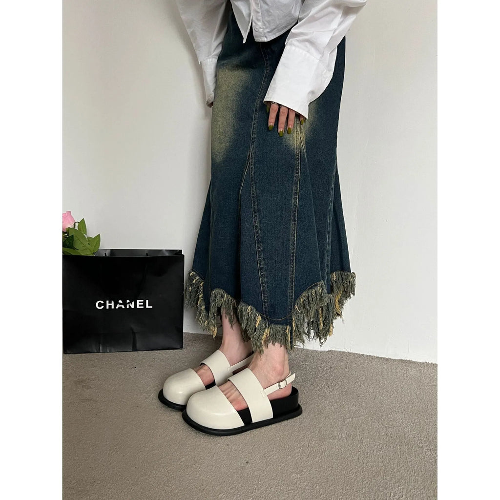 Retro women's closed toe sandals with ankle strap buckle in apricot colour