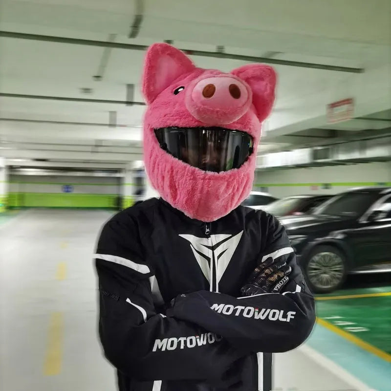Pink pig cartoon plush motorcycle helmet protective hood made from pv velvet cloth